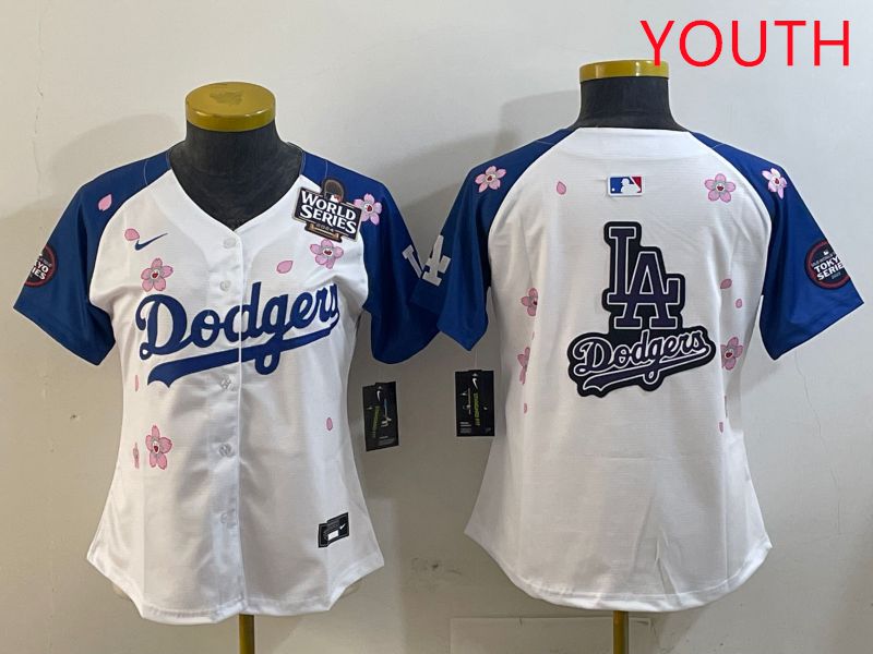 Youth Los Angeles Dodgers Blank White Blue Sakura Edition 2025 Nike MLB Jersey style 20->youth mlb jersey->Youth Jersey